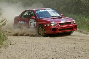 Bryan Pepp / Jerry Stang Subaru WRX prepares for a hard left on SS9.