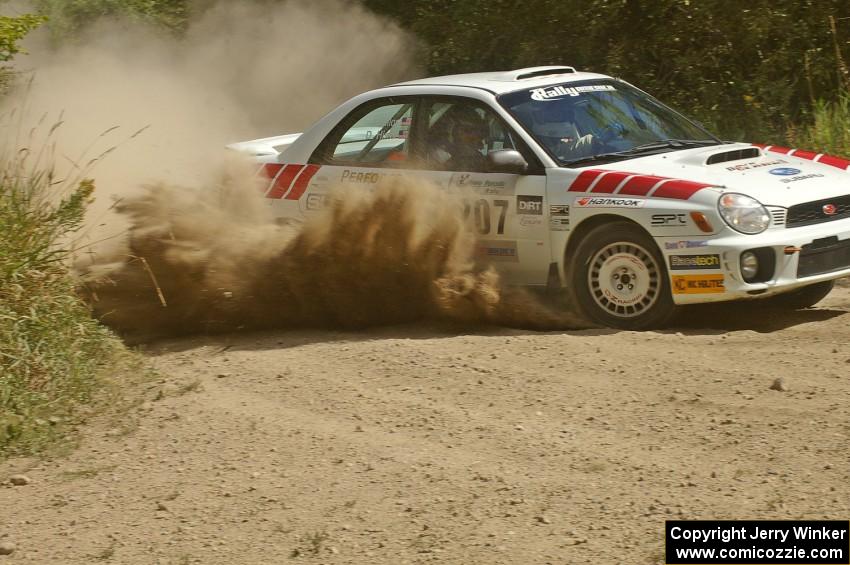 Dave Hintz / John Dillon Subaru WRX at a 90-left on SS9.