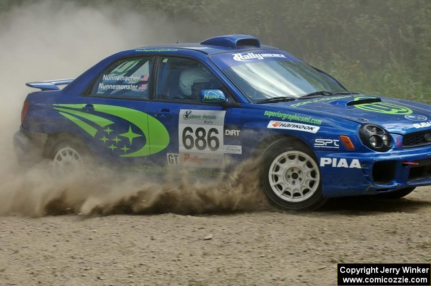 Heath Nunnemacher / Heidi Nunnemacher Subaru WRX at a hard 90-left on SS9.