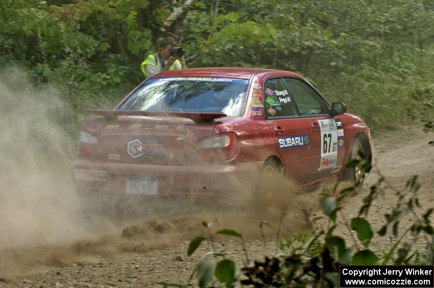 Bryan Pepp / Jerry Stang Subaru WRX sling gravel on a hard left on SS9.