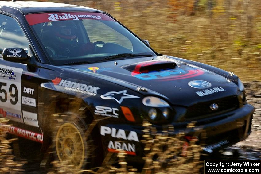 Pat Moro / Mike Rossey Subaru WRX on SS1 headed into the first chicane.