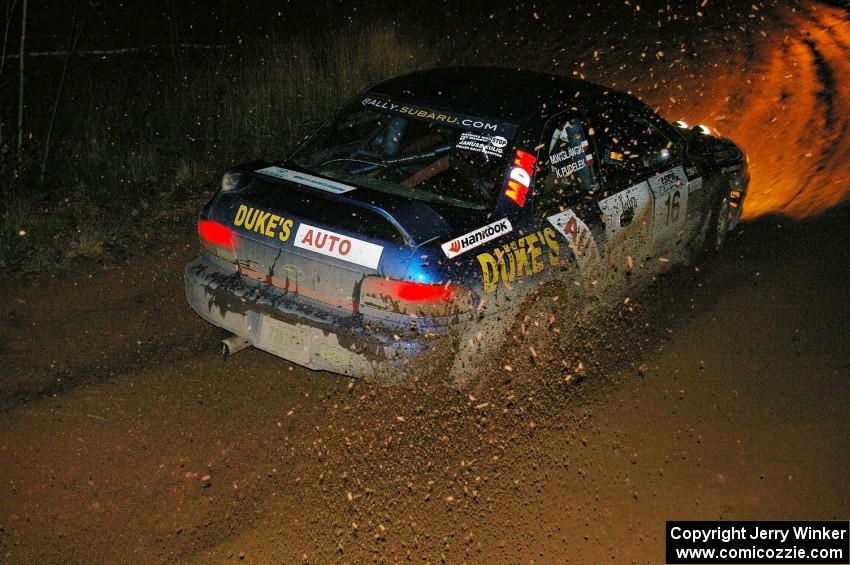 Kazimierz Pudelek / Maciej Wislawski Subaru Impreza slings gravel on the final corner of Echo Lake 1, SS4.