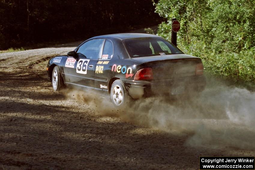 Evan Moen / Ron Moen Dodge Neon ACR at the spectator point on SS10 (Kabekona).