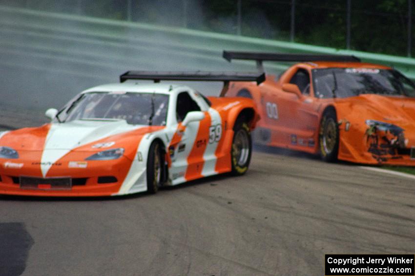 Simon Gregg's Chevy Corvette gets punted by Doug Harrington's Chevy Corvette coming into turn 12