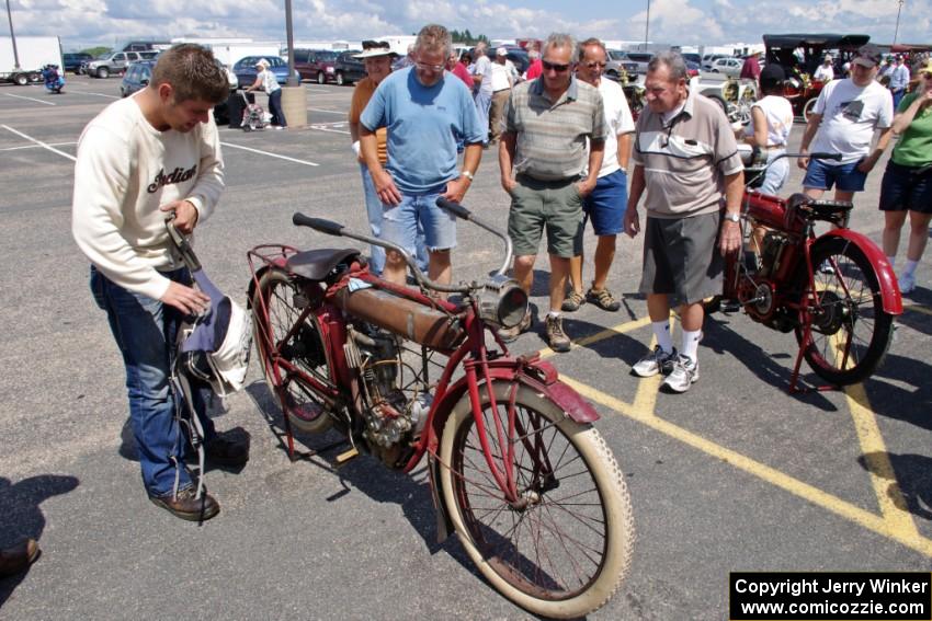 Ron Gardas, Jr.'s 1912 Indian motorcycle with Ron Gardas' 1911 Indian motorcycle in the background