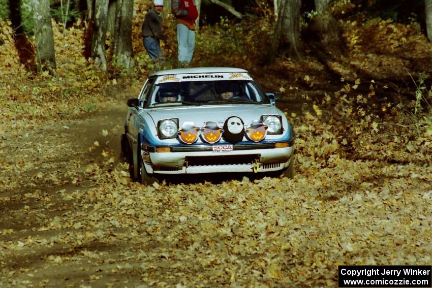 Mike Hurst / Rob Bohn Mazda RX-7 near the flying finish of SS1, Beacon Hill.