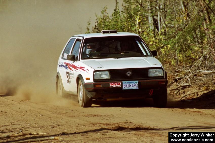 Bob Nielsen / Brett Corneliusen VW GTI at speed near the finish of SS15, Gratiot Lake II.