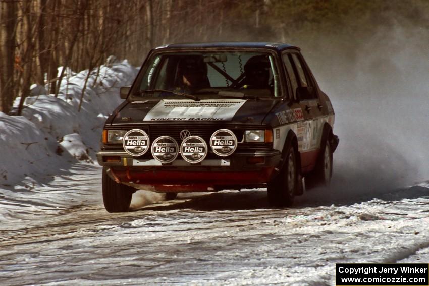 Eric Schroeder / Jeff Secor VW Jetta at speed on the stage just prior to the lunch break.