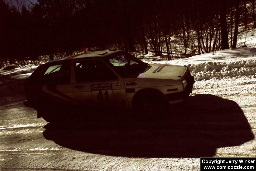 Art Burmeister / Randy Moore VW GTI goes wide at a downhill right-hander on the stage after the lunch break.