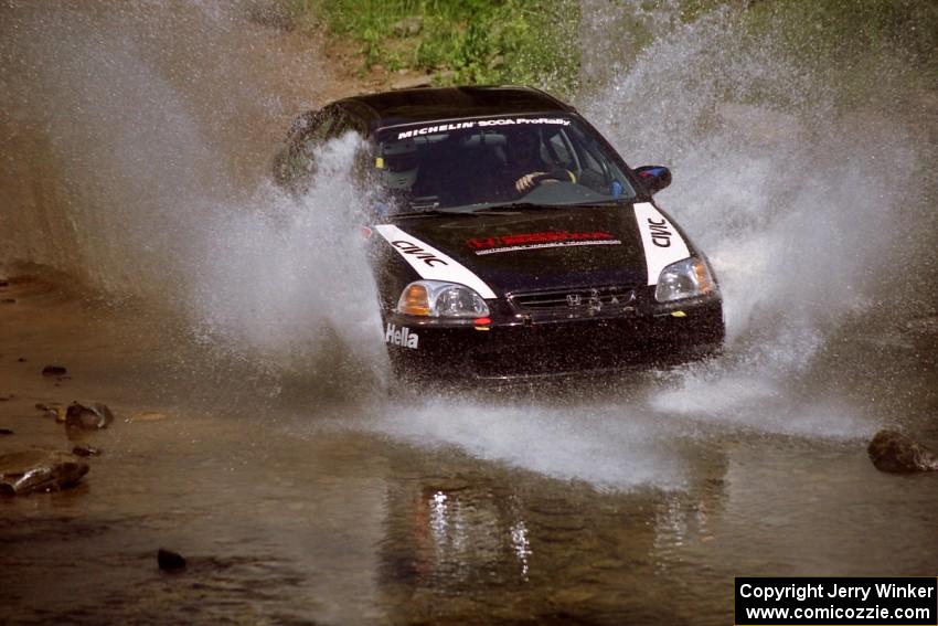 Jay Kowalik / Scott Embree Honda Civic CVT at the finish of SS1, Stony Crossing.