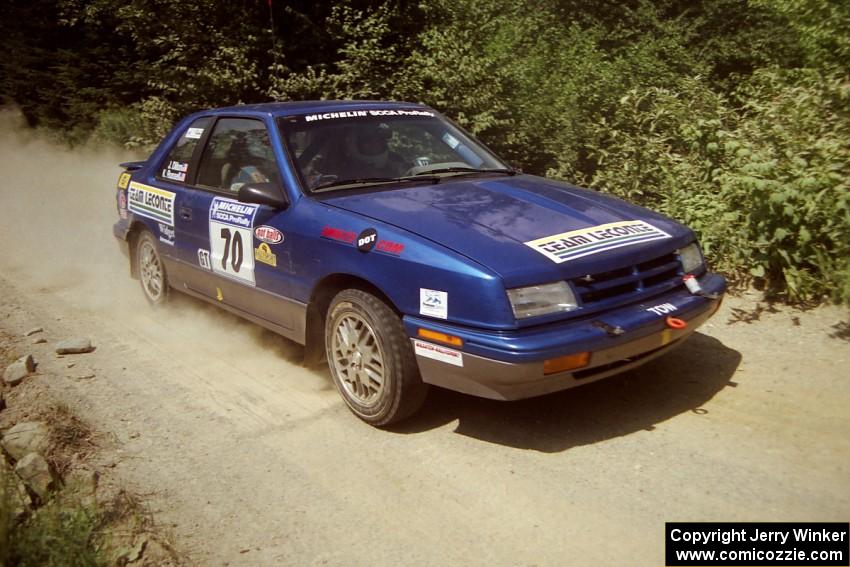 Kendall Russell / John Dillon Dodge Shadow at speed over a bridge on SS5, Magalloway North.