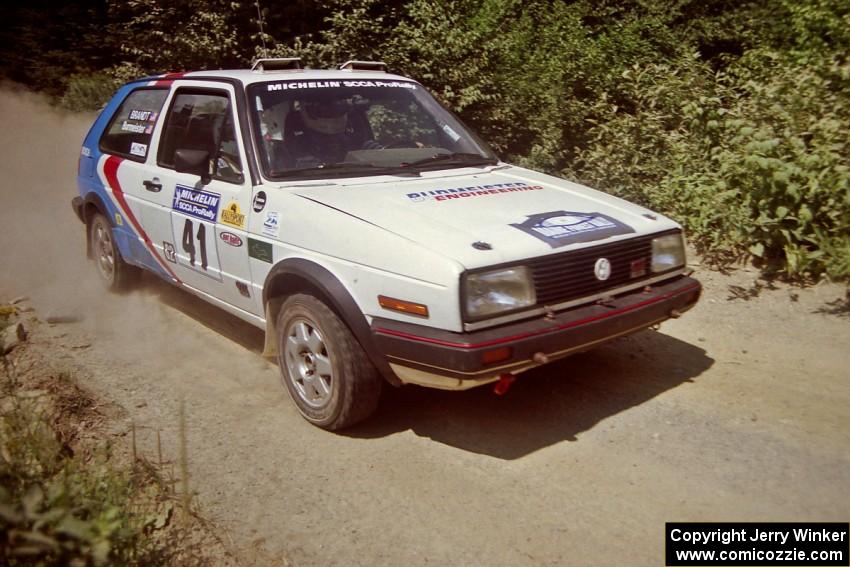 Art Burmeister / Jimmy Brandt VW GTI at speed over a bridge on SS5, Magalloway North.