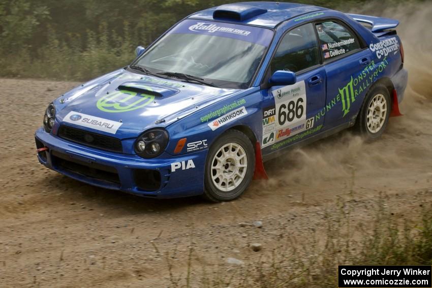 Heath Nunnemacher / Kim DeMotte through a left-hand sweeper on SS10 in their Subaru WRX.