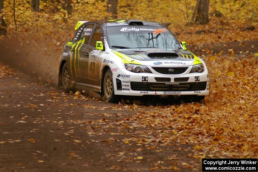 Ken Block / Alex Gelsomino make a picture-perfect drift on SS2, Beacon Hill, in their Subaru WRX STi.