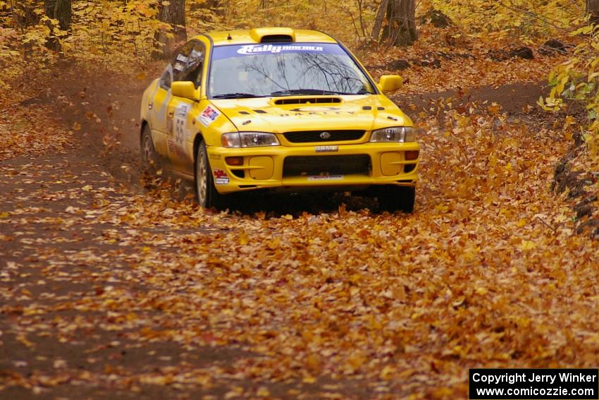 Kyle Sarasin / Mikael Johansson flog their Subaru Impreza out of a corner on SS2, Beacon Hill.