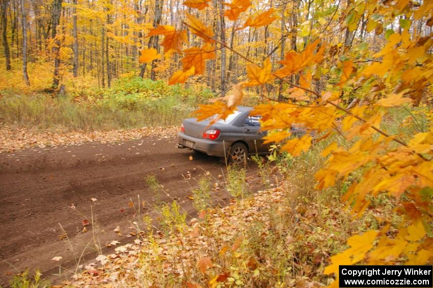 The Jaroslaw Sozanski / Bartosz Sawicki Subaru WRX at the finish finish of SS2, Beacon Hill.