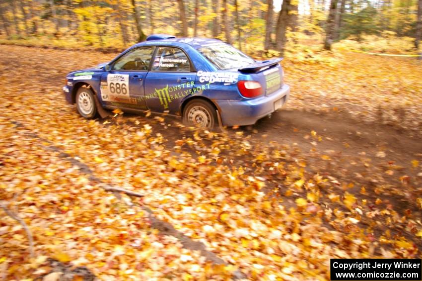 Heath Nunnemacher / Travis Hanson throw up leaves in their Subaru WRX near the flying finish of SS2, Beacon Hill.