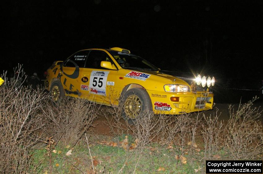 Kyle Sarasin / Mikael Johansson nicely apex a 90-right on SS7 in their Subaru Impreza.