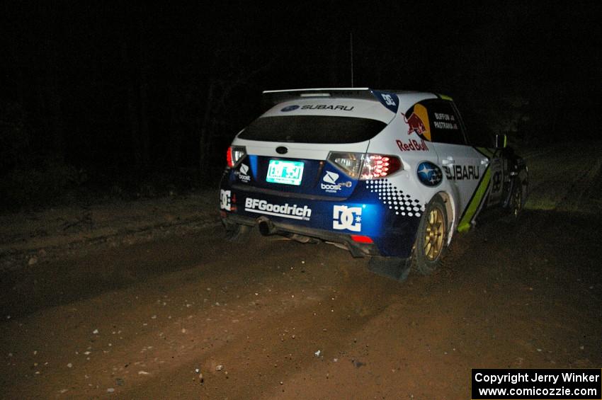 Travis Pastrana / John Buffum blast away from the start of SS9, Menge Creek, in their Subaru WRX STi.