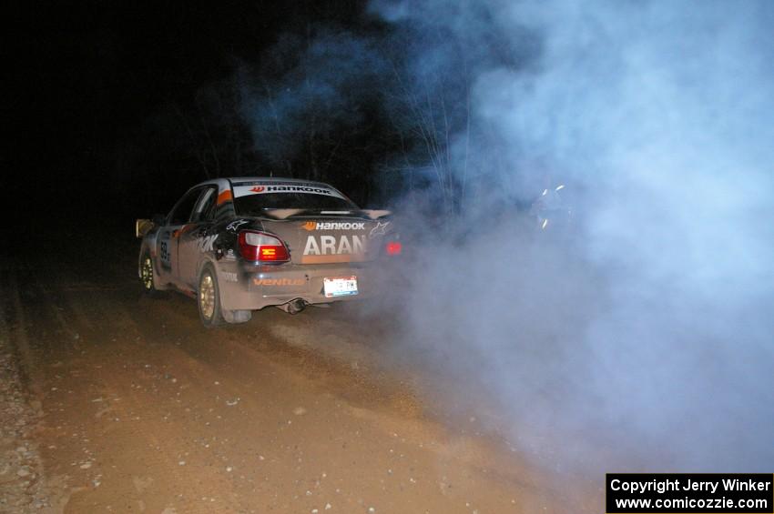 Pat Moro / Mike Rossey blast their Subaru WRX down the starting straight of Menge Creek, SS9.