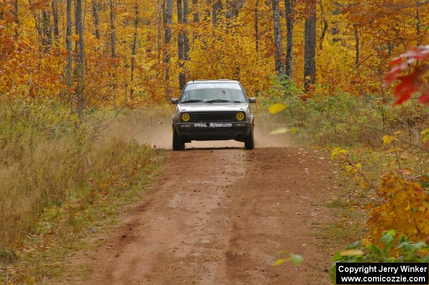 Josh Wimpey / Jeremy Wimpey fly down a straight on SS10, Gratiot Lake 1, in their VW GTI.