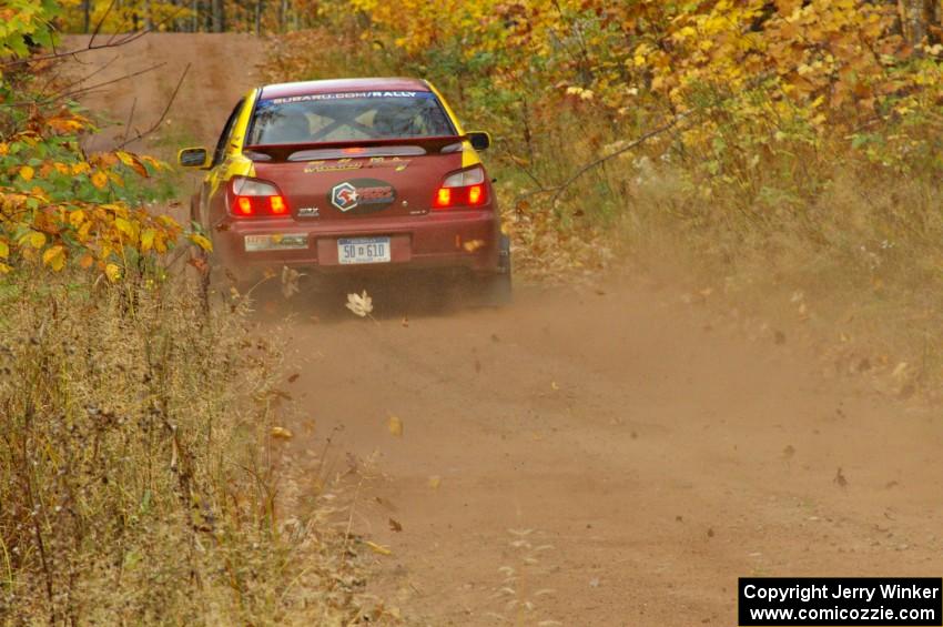 Bryan Pepp / Jerry Stang rocket down a straight to the flying finish on SS10, Gratiot Lake 1, in their Subaru WRX.