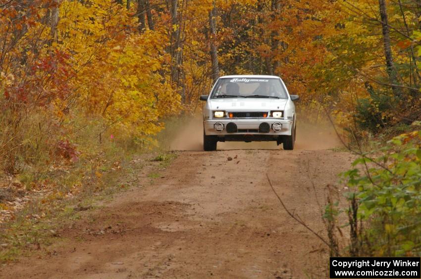 Greg Woodside / Tom Woodside at speed into the finish of SS10, Gratiot Lake 1, in their Dodge Shadow.