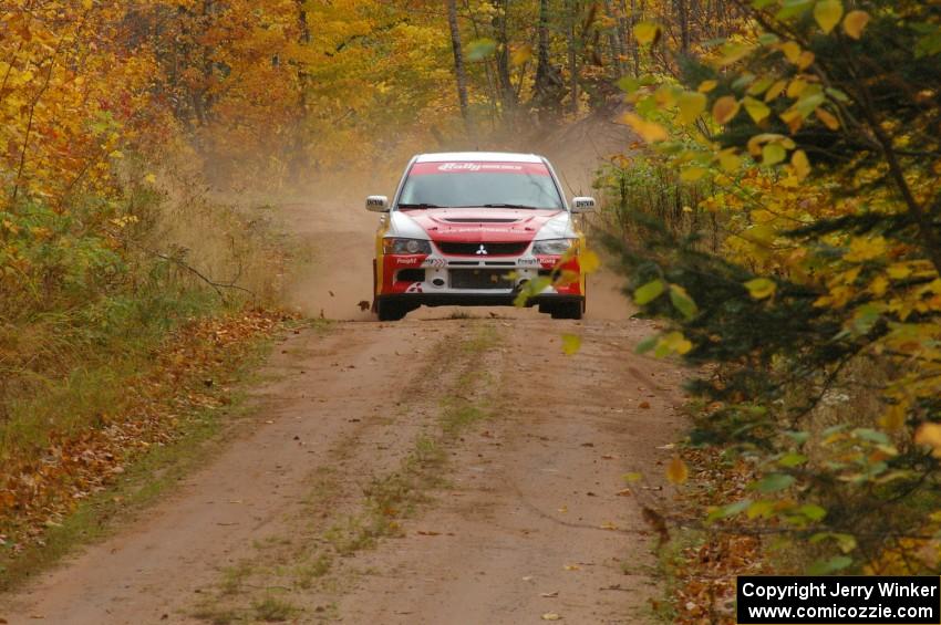 Arkadiusz Gruszka / Michal Chodan at speed into the flying finish of SS10, Gratiot Lake 1, in their Mitsubishi Lancer Evo 9.