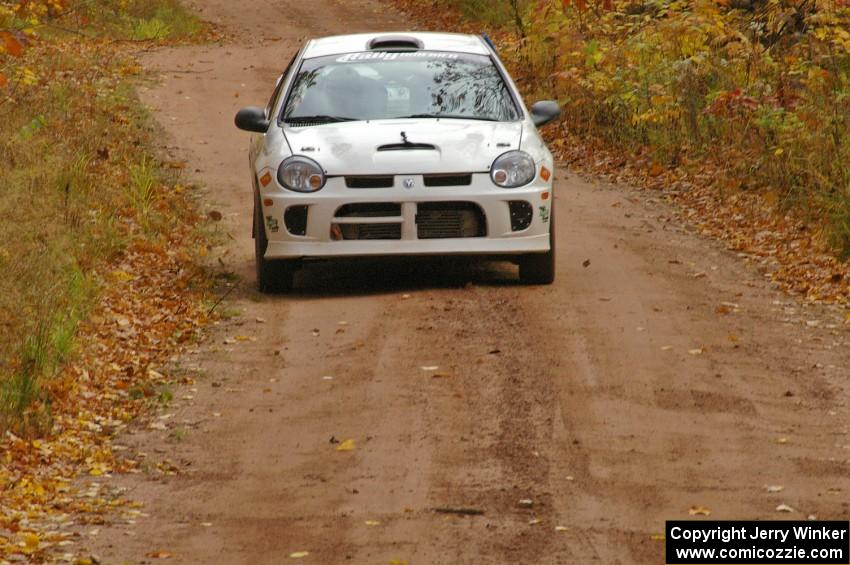 Zach Babcock / Jeff Miller come into the flying finish of SS10, Gratiot Lake 1, in their Dodge SRT-4.