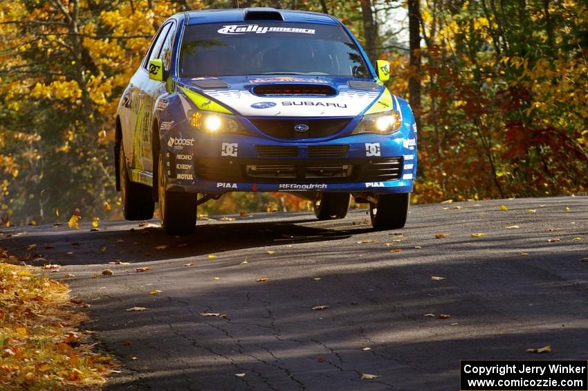 Travis Pastrana / John Buffum catch a little air over the midpoint jump on Brockway 1, SS13, in their Subaru WRX STi.