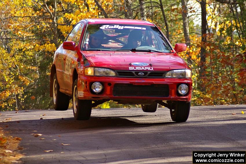 Matt Marker / Ben Slocum catch a little air on Brockway 1, SS13, in their Subaru Impreza.