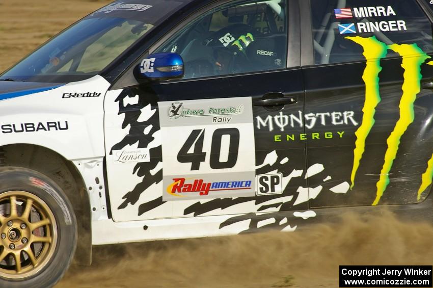 Dave Mirra / Derek Ringer at speed in their Subaru WRX STi on SS1.