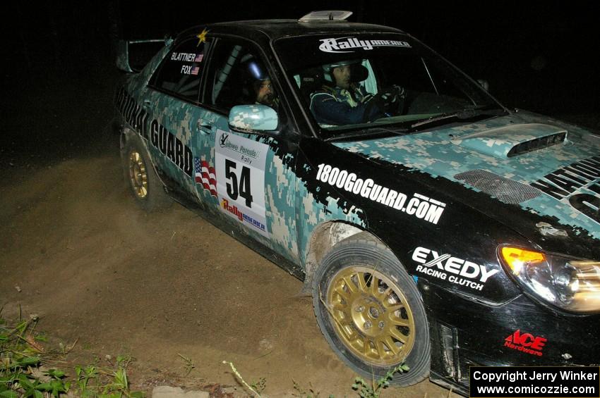 Mark Fox / Jake Blattner apex a 90-right closely on SS6 in their Subaru WRX STi.