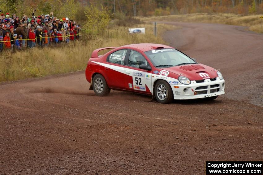 Doug Shepherd / Karen Wagner drift their Dodge SRT-4 past the spectator point on Green Acres, SS1.