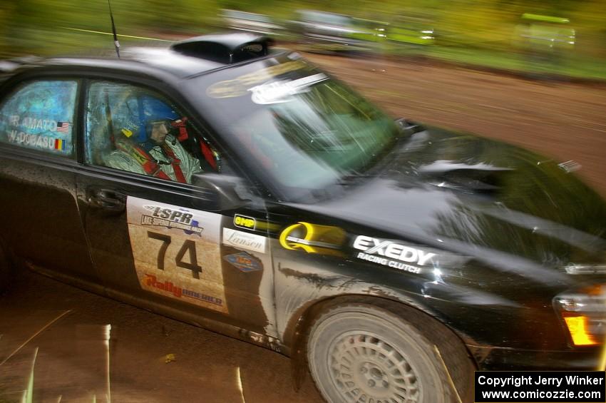 Vio Dobasu / Rob Amato come flying into the finish of Beacon Hill, SS2, in their Subaru WRX STi.