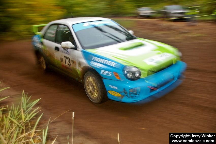 The Pete Hascher / Scott Rhoades Subaru WRX comes into the finish of Beacon Hill, SS2.