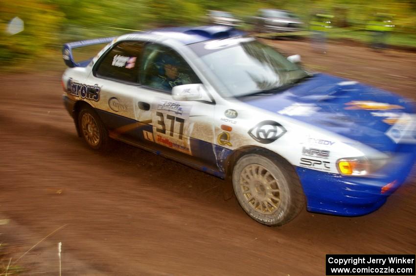 The Mason Moyle / Scott Putnam Subaru Impreza comes through the flying finish of Beacon Hill, SS2.