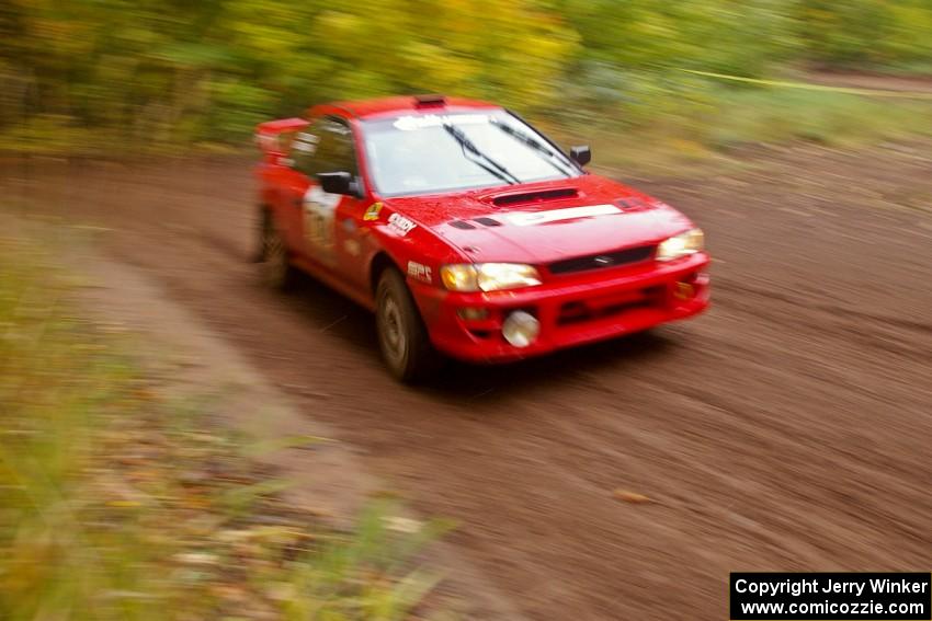 Dustin Kasten / Corina Soto come across the flying finish of Beacon Hill, SS2, in their Subaru Impreza.