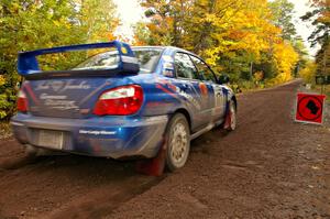 Carl Siegler / David Goodman blast away from the start of Delaware 1, SS11, in their Subaru WRX STi.