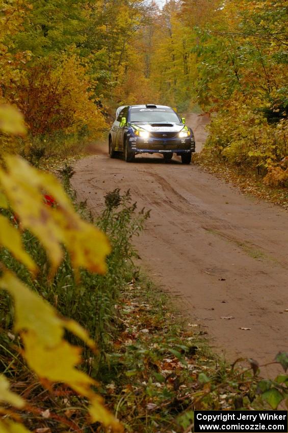 Travis Pastrana / Christian Edstrom come into the flying finish of Gratiot Lake, SS10, in their Subaru WRX STi.