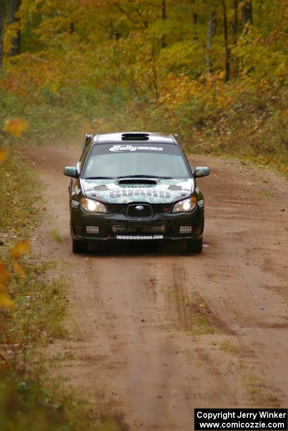 Mark Fox / Jake Blattner at speed at the flying finish of Gratiot Lake, SS10, in their Subaru WRX STi.