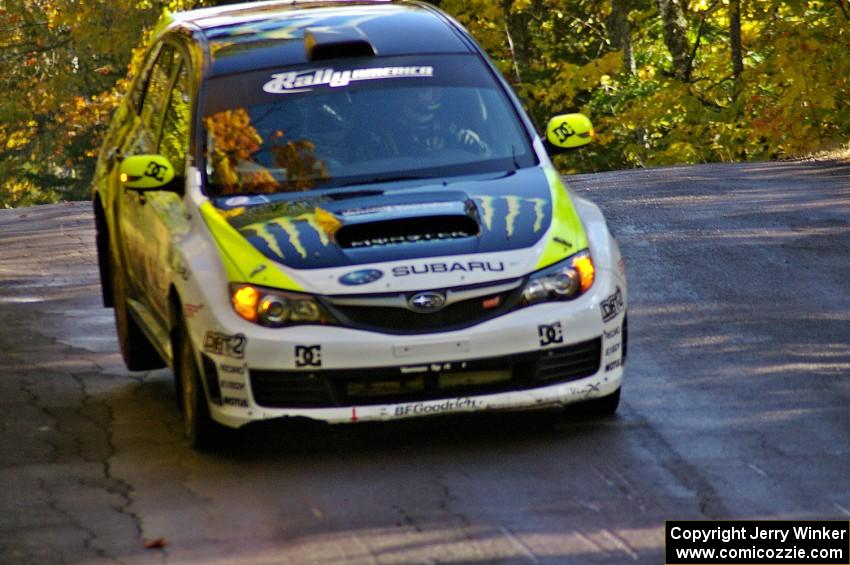 Ken Block / Alex Gelsomino make a landing at the midpoint jump on Brockway Mtn. 1, SS13, in their Subaru WRX STi.