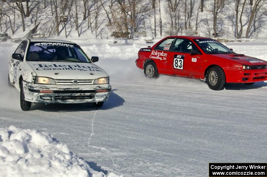 Brent Carlson / Kevin Beck Subaru Impreza passes the Jay Luehmann / Mark Utecht Subaru Impreza