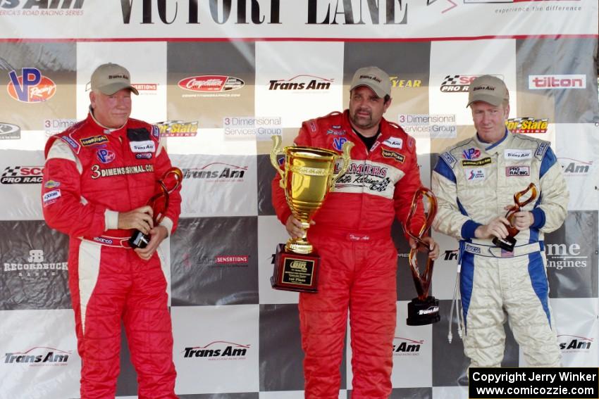 Trans-Am overall podium: L) Doug Peterson - 2nd; Tony Ave - 1st; and Simon Gregg - 3rd