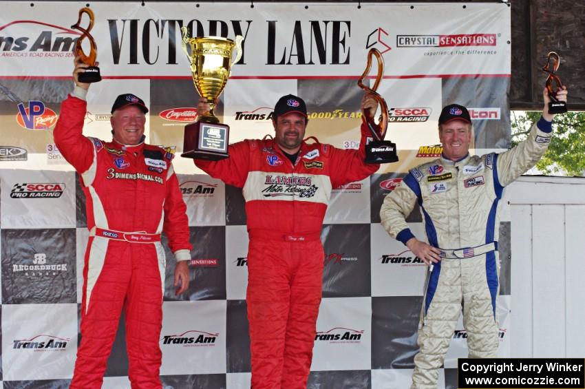 Trans-Am overall podium: L) Doug Peterson - 2nd; Tony Ave - 1st; and Simon Gregg - 3rd