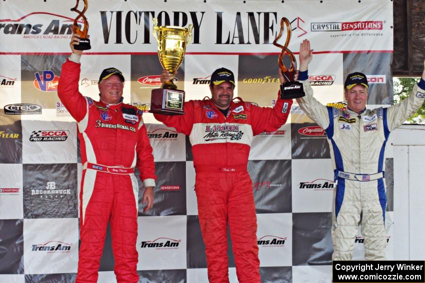 Trans-Am overall podium: L) Doug Peterson - 2nd; Tony Ave - 1st; and Simon Gregg - 3rd