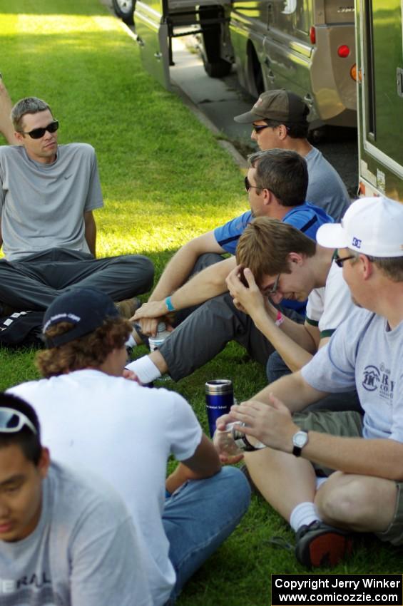 John Huebbe, Jim Cox, Mark Huebbe, Tim Williams, Curt Faigle and Carl Siegler relax in the shade at parc expose.