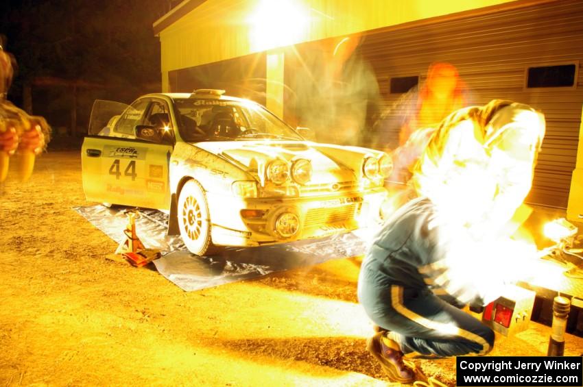 The Henry Krolikowski / Cindy Krolikowski Subaru Impreza at Kenton service before SS8 (Bob Lake)