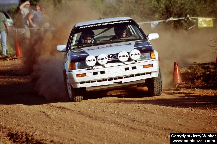 Gail Truess / Pattie Hughes Mazda 323GTX at the spectator corner on SS8, Limestone I.