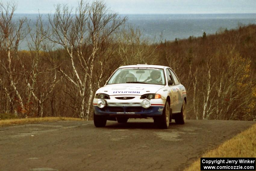 John Buffum / Lance Smith Hyundai Elantra at the final yump on SS14, Brockway Mountain I.